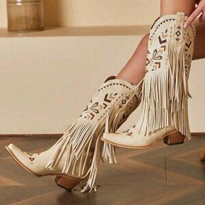 Beige Bohemian Women's Fringe Tassel Cowgirl Western Chunky High Heels  Boots